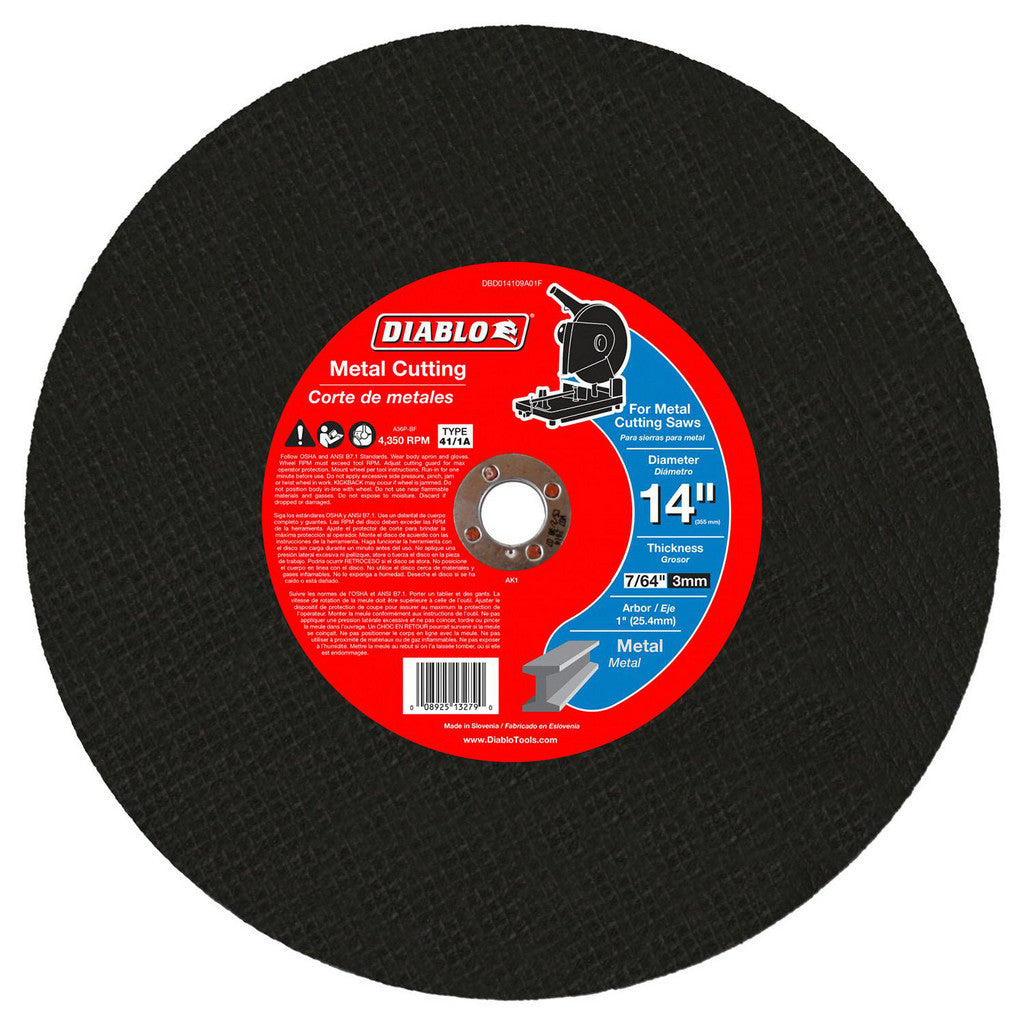 DIABLO DBD014109A01F Cut-Off Wheel: Type 1 (01/41), 14 Dia, 7/64" Thick, 1" Hole, Aluminum Oxide