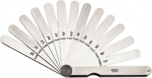 Starrett 467S Feeler Gage Sets; Maximum Thickness (mm): 0.0015; Minimum Thickness: 0.2000; Minimum Thickness (mm): 0.2000; Leaf Width: 0.5 in; Number of Leaves: 13; Material: Stainless Steel; Number Of Leaves: 13; Leaf Length (Inch): 4-1/2