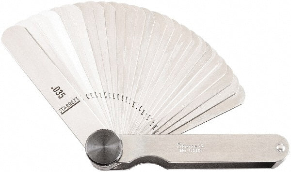 Starrett 66BS Feeler Gage Sets; Maximum Thickness (mm): 0.0015; Minimum Thickness: 0.0350; Minimum Thickness (mm): 0.0350; Number of Leaves: 31; Material: Stainless Steel; Number Of Leaves: 31; Leaf Length (Inch): 3-1/32; Width (mm): 1/2
