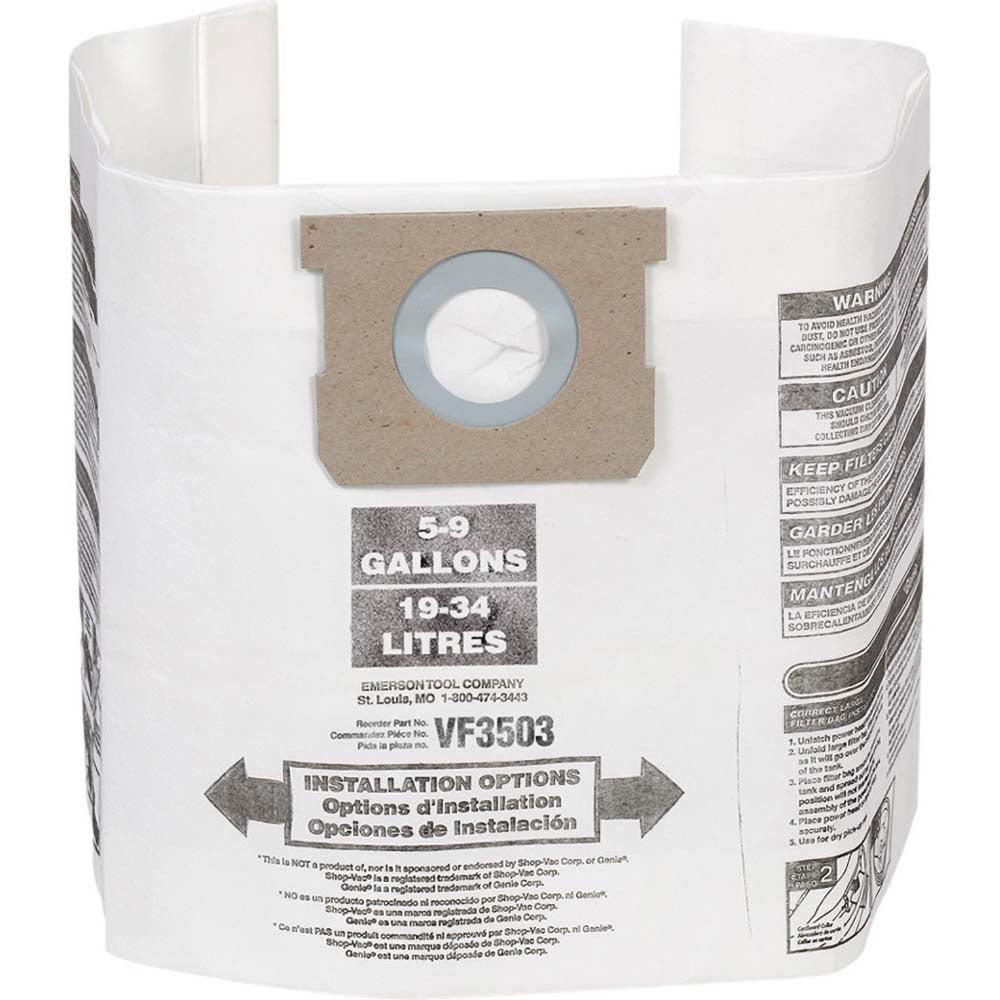 Ridgid 40153 Vacuum Cleaner Bags; Bag Type: Collection Bag; Compatible Vacuum Capacity: 10gal (US); Material: Paper; For Use With: Wet/Dry Vacs; UNSPSC Code: 47121607