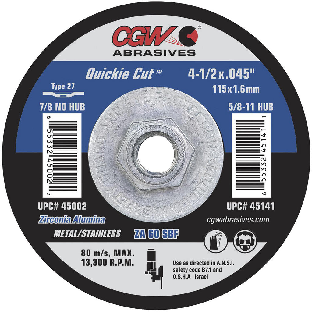 CGW Abrasives 45141 Depressed-Center Wheel: Type 27 & Type 42, 4-1/2" Dia, 0.0450" Thick, 5/8-11 Hole, Zirconia Alumina
