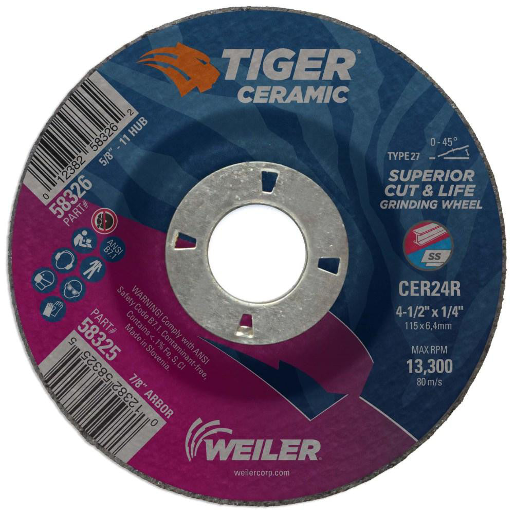 Weiler 58325 Depressed-Center Wheel: Type 27, 4-1/2" Dia, 1/4" Thick, 7/8" Hole, Ceramic (Pack of 10)