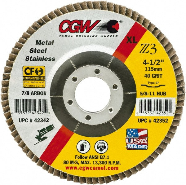CGW Abrasives 42351 Flap Disc: 4-1/2" Dia, 36 Grit, Zirconia Alumina, Type 27
