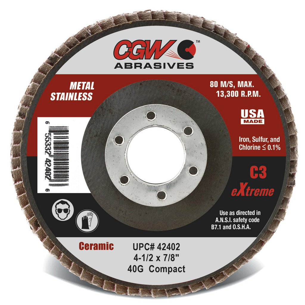 CGW Abrasives 42404 Flap Disc: 4-1/2" Dia, 7/8" Hole, Ceramic Alumina, Type 29 Compact