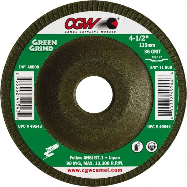 CGW Abrasives 49543 Depressed-Center Wheel: Type 27, 4-1/2" Dia, 5/32" Thick, 7/8" Hole, Zirconia Alumina