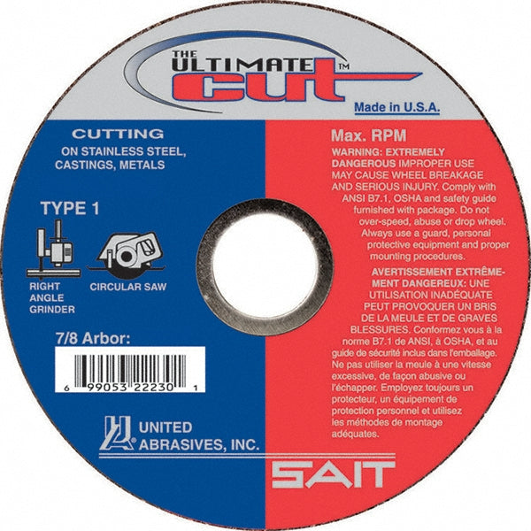 United Abrasives/SAIT 22230 Cut-Off Wheel: Type 1 (01/41), 4-1/2 Dia, 0.0450" Thick, 7/8" Hole, Aluminum Oxide (Pack of 50)