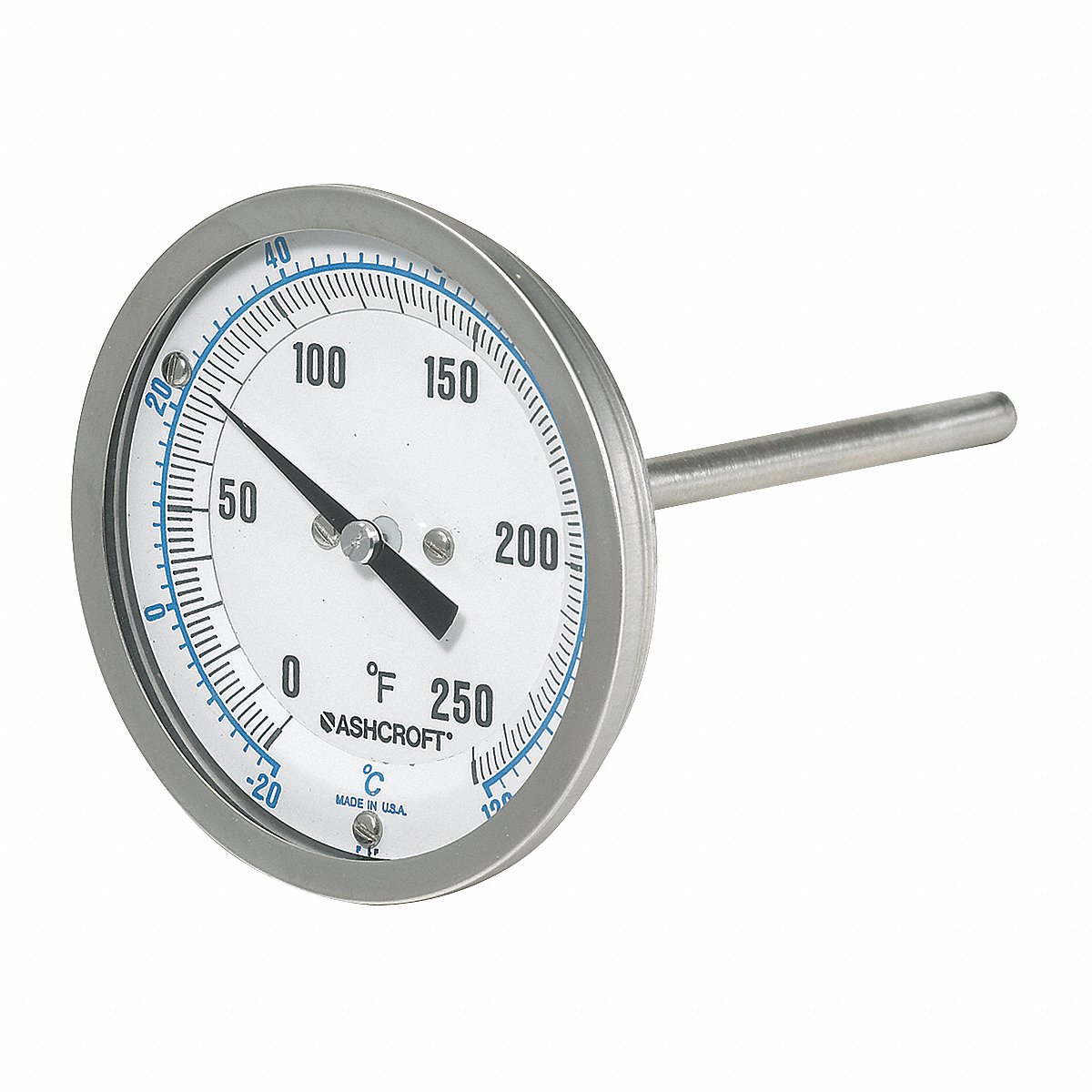 Ashcroft Bi-Metal Dial Thermometer, 0–250°F (30EI60R)