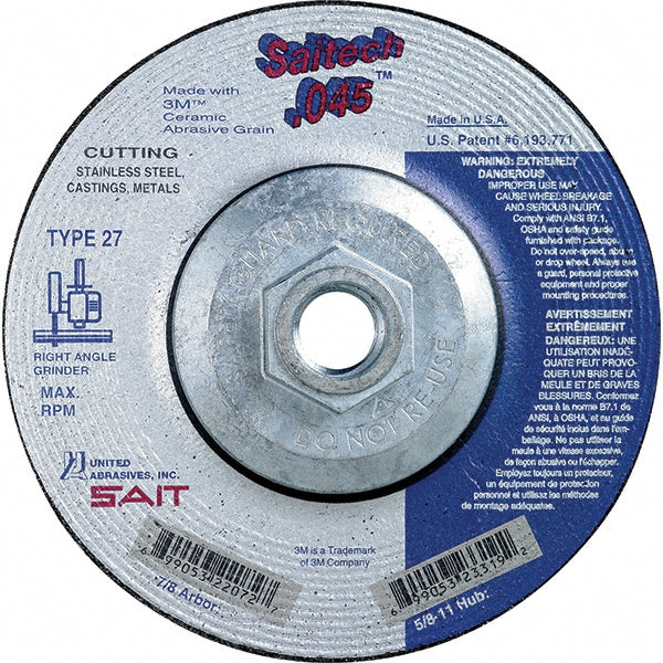 United Abrasives/SAIT 23319 Depressed-Center Wheel: Type 27, 4-1/2" Dia, 0.0450" Thick, 5/8-11 Hole, Ceramic Alumina (Pack of 10)