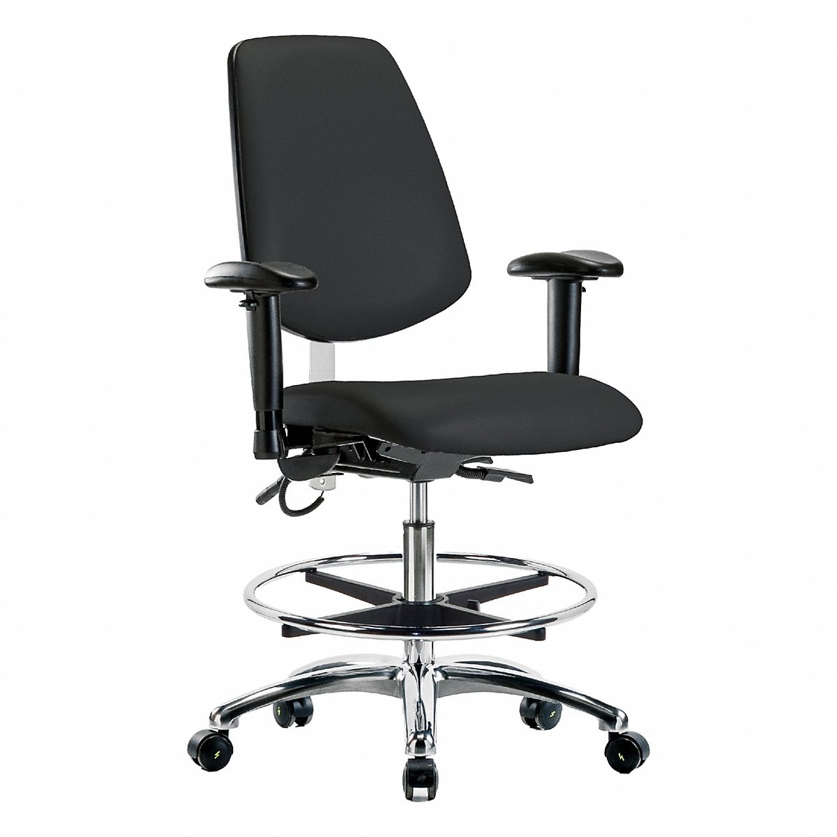 E-Com Seating ESD Vinyl Medium-Height Chair, Medium Back, Tilt, Adjustable Arms, Footring, Casters, Black (BR-ESD-VMBCH-MB-CR-T1-A1-CF-EC-ESDBLK)