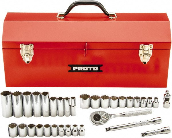 Proto J52230-1A Socket Set: Deep Standard, 34 Pc, 3/8" Drive, 8.00 to 19.00 mm