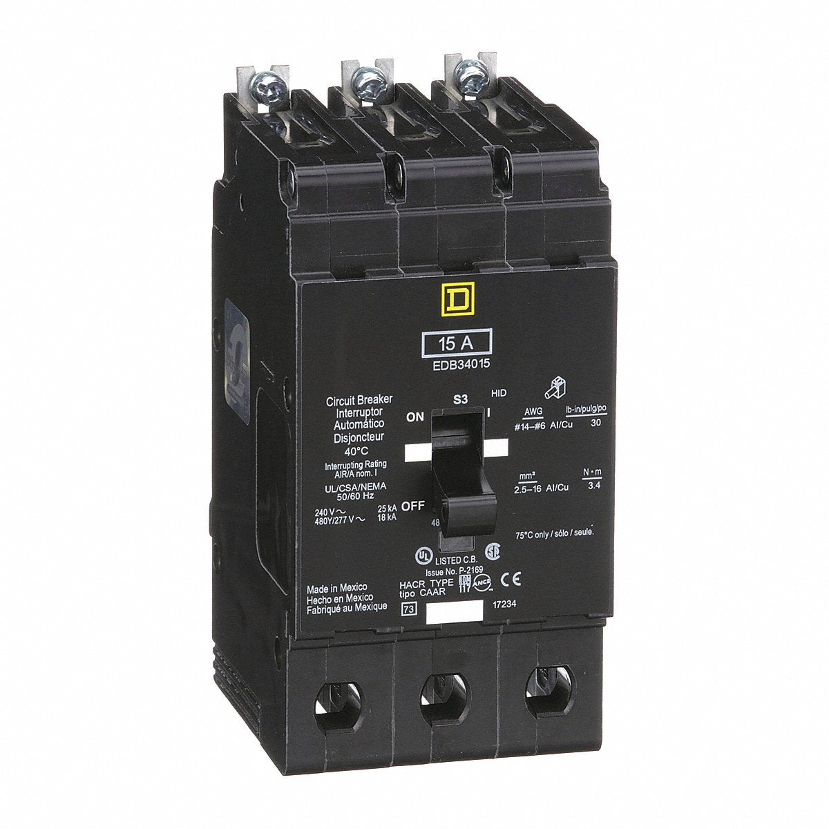 Square D Circuit Breaker, 15A, Bolt On, 277/480V, 3P (EDB34015)