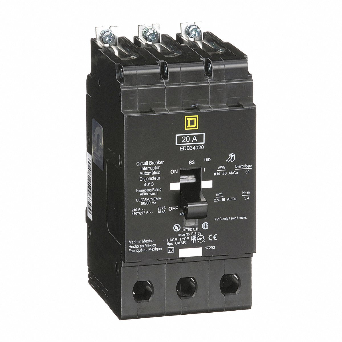 Square D Circuit Breaker, 20A, Bolt On, 277/480V, 3P (EDB34020)