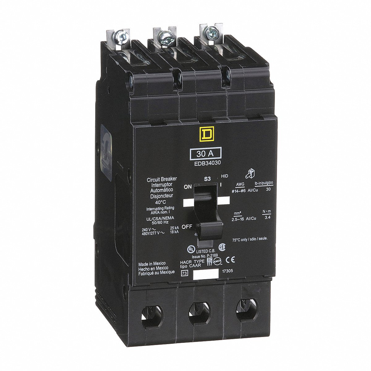 Square D Circuit Breaker, 30A, Bolt On, 277/480V, 3P (EDB34030)