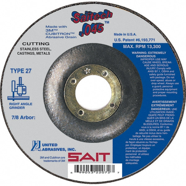 United Abrasives/SAIT 22073 Depressed-Center Wheel: Type 27, 5" Dia, 0.0450" Thick, 7/8" Hole, Ceramic Alumina (Pack of 50)