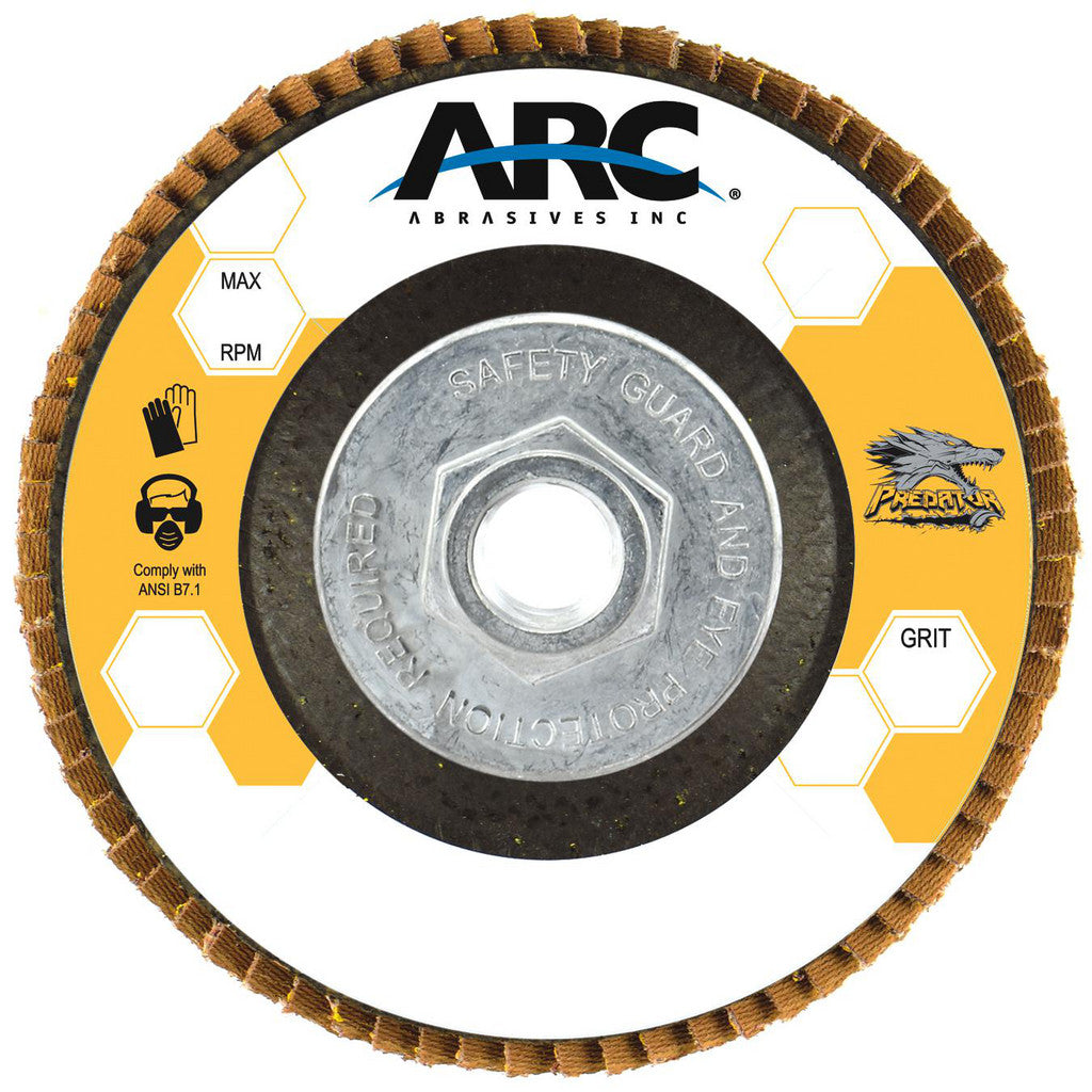 ARC Abrasives 71-10815AF Flap Discs; Disc Diameter: 4-1/2; Center Hole Thread Size: 5/8-11; Flap Disc Type: Type 29; Grade: Coarse; Attachment Type: Hub; Abrasive Material: Ceramic Alumina
