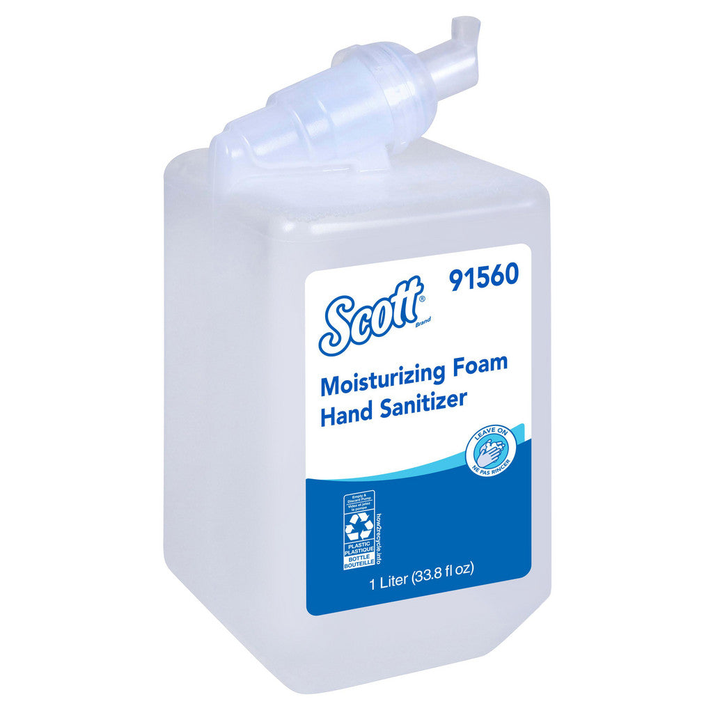 Scott 91560 Moisturizing Foam Hand Sanitizer, 1.0 L Clear, Fresh Scent Manual Hand Soap Refills for compatible Scott Essential Manual Dispensers, NSF E-3 Rated