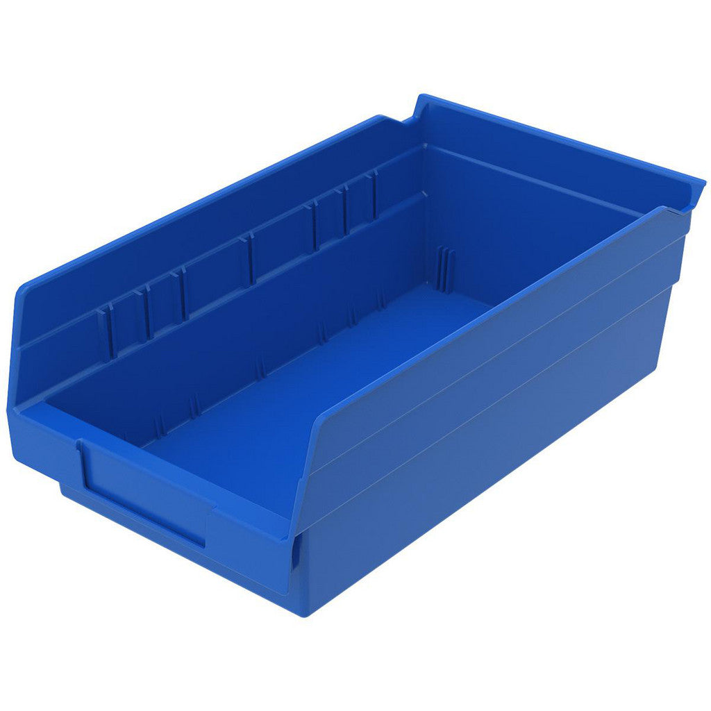 Akro-Mils 30130 BLUE Bins; Bin Style: Hopper Shelf; Shape: Rectangle; Material Family: Polymer; Overall Width (Inch): 6-5/8; Overall Length (Inch): 11-5/8; Overall Height (Inch): 4 (Pack of 12)