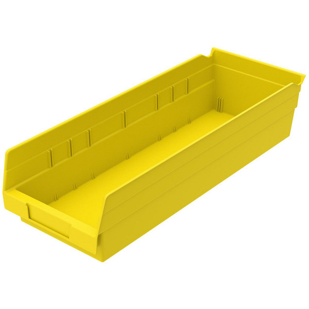 Akro-Mils 30138YELLO Bins; Bin Style: Hopper Shelf; Shape: Rectangle; Material Family: Polymer; Overall Width (Inch): 6-5/8; Overall Length (Inch): 17-7/8; Overall Height (Inch): 4 (Pack of 12)