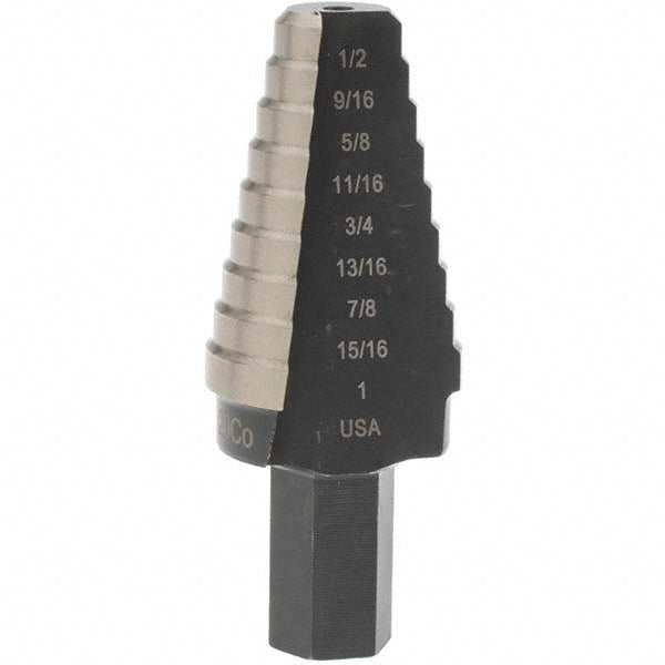 Irwin 10220CB Step Drill Bit: 9/16" Min, 1" Max, 7/16" Shank Dia, Cobalt, 8 Hole Sizes