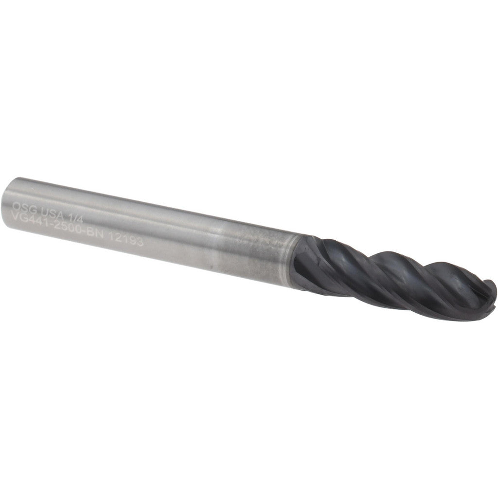 OSG VG441-2500-BN Ball End Mill: 1/4" Dia, 3/4" LOC, 4 Flute, Solid Carbide