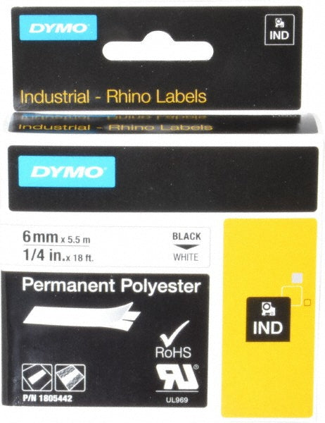Dymo 1805442 Label Maker Label: White, Polyester, 216" OAL, 1/4" OAW