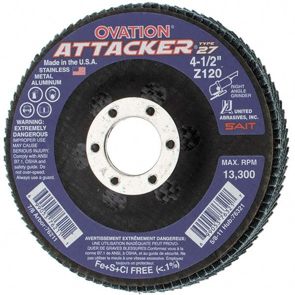 United Abrasives/SAIT 76211 Flap Disc: 4-1/2" Dia, 7/8" Hole, Zirconia Alumina, Type 27