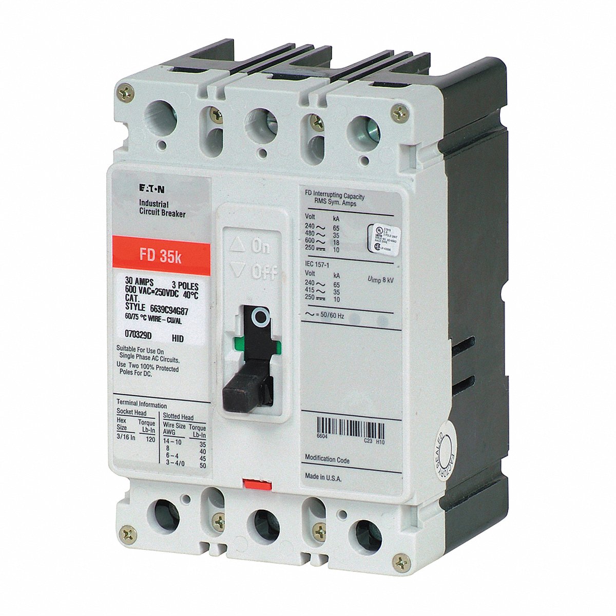 Eaton Circuit Breaker 25 A 3 P 600 VAC FD (FD3025)