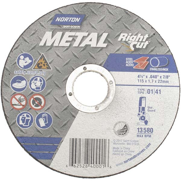 Norton 66252840001 Cut-Off Wheel: Type 1 (01/41), 4-1/2 Dia, 0.0400" Thick, 7/8" Hole, Aluminum Oxide (Pack of 250)