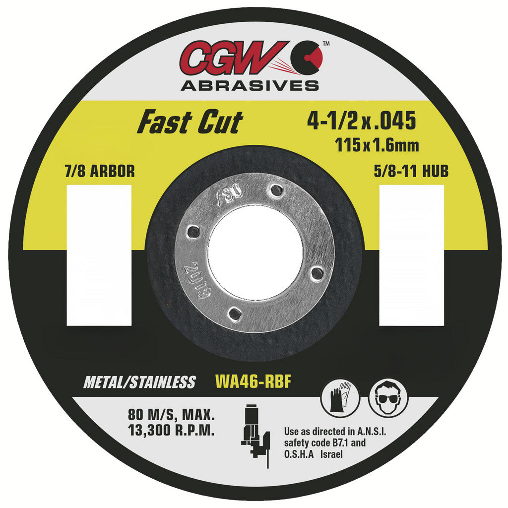 CGW Abrasives 35130 Cut-Off Wheel: Type 1 (01/41), 4-1/2 Dia, 0.0450" Thick, 7/8" Hole, Aluminum Oxide (Pack of 25)