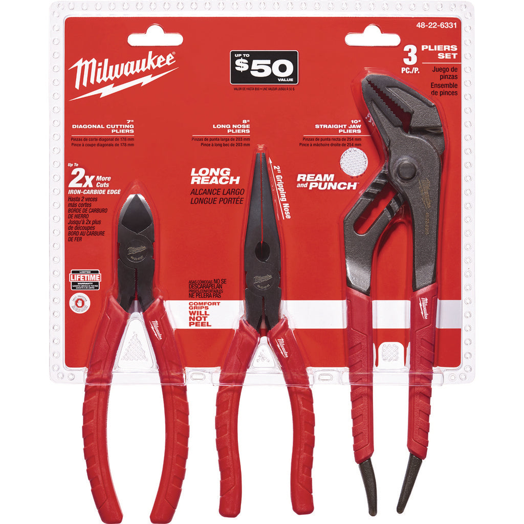Milwaukee Tool 48-22-6331 3 Pc Comfort Grip Pliers Set: 7", 8" & 10"