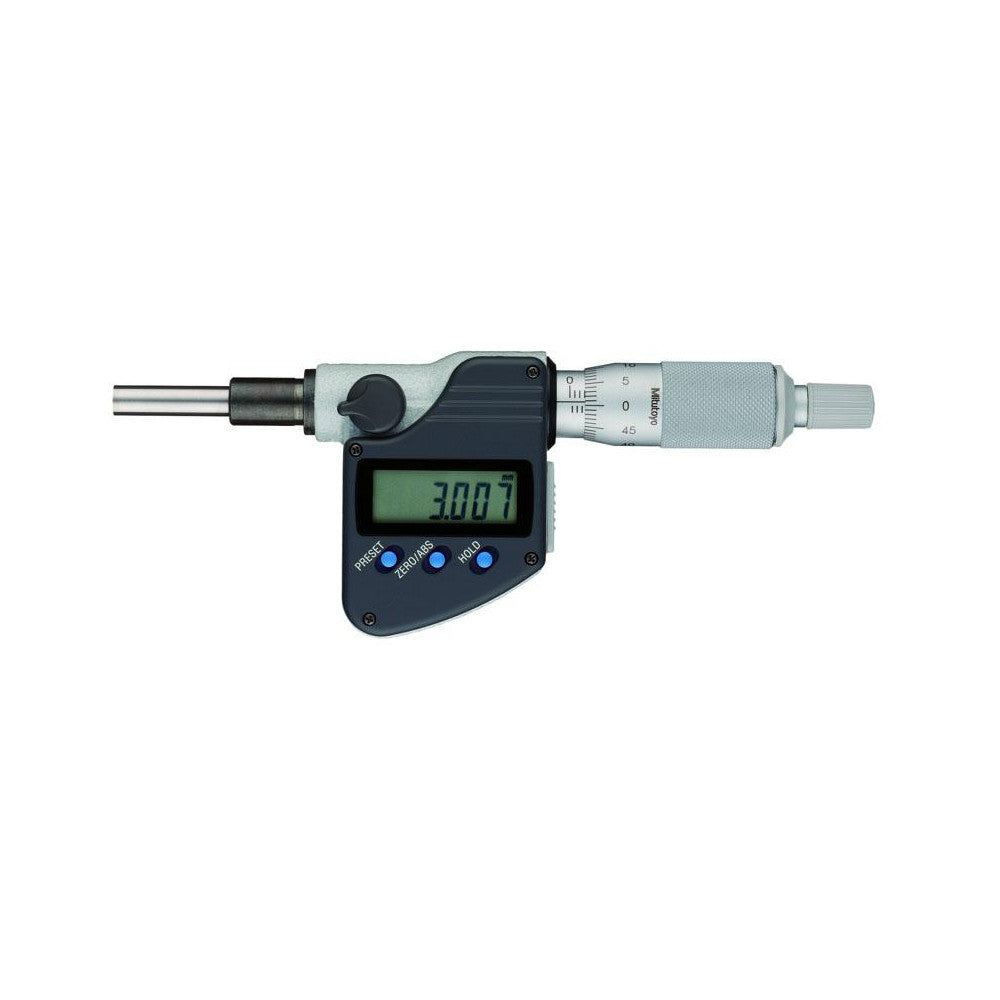 Mitutoyo 350-354-32 Electronic Micrometer Heads; Minimum Measurement (mm): 0.00; Accuracy: 0.0001 in; Maximum Measurement (mm): 25.40; Thimble Dia (mm): 18.00; Spindle Shape: Spherical; Batteries Included: Yes; Overall Length (mm): 156.50