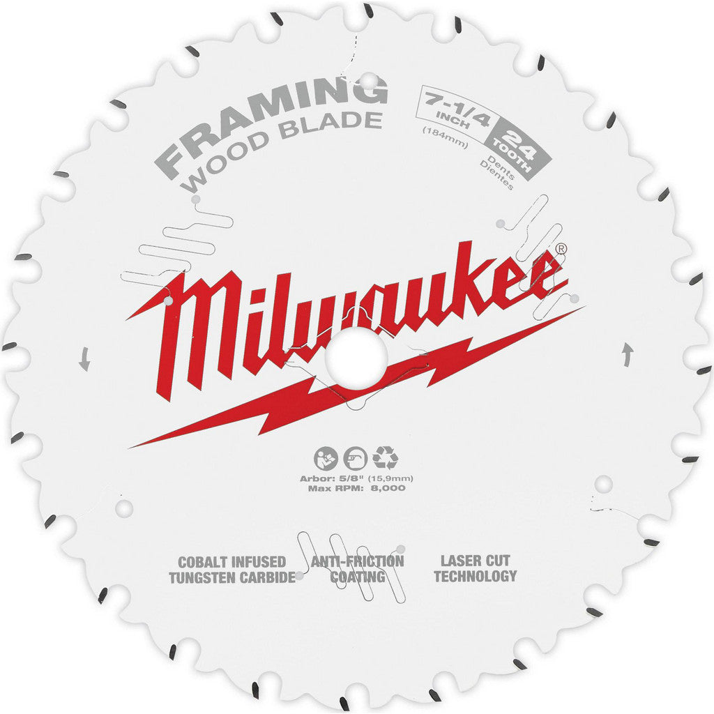 Milwaukee Tool 48-41-0720 Wet & Dry Cut Saw Blade: 7-1/4" Dia, 5/8" Arbor Hole, 1/16" Kerf Width, 24 Teeth (Pack of 10)