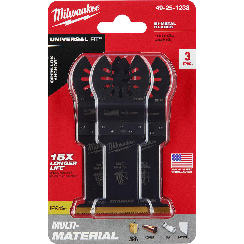 Milwaukee Tool 49-25-1233 1-3/8" Bi-Metal Multi-Material Universal Fit Oscillating Multi-Tool Blade, 3-Pack
