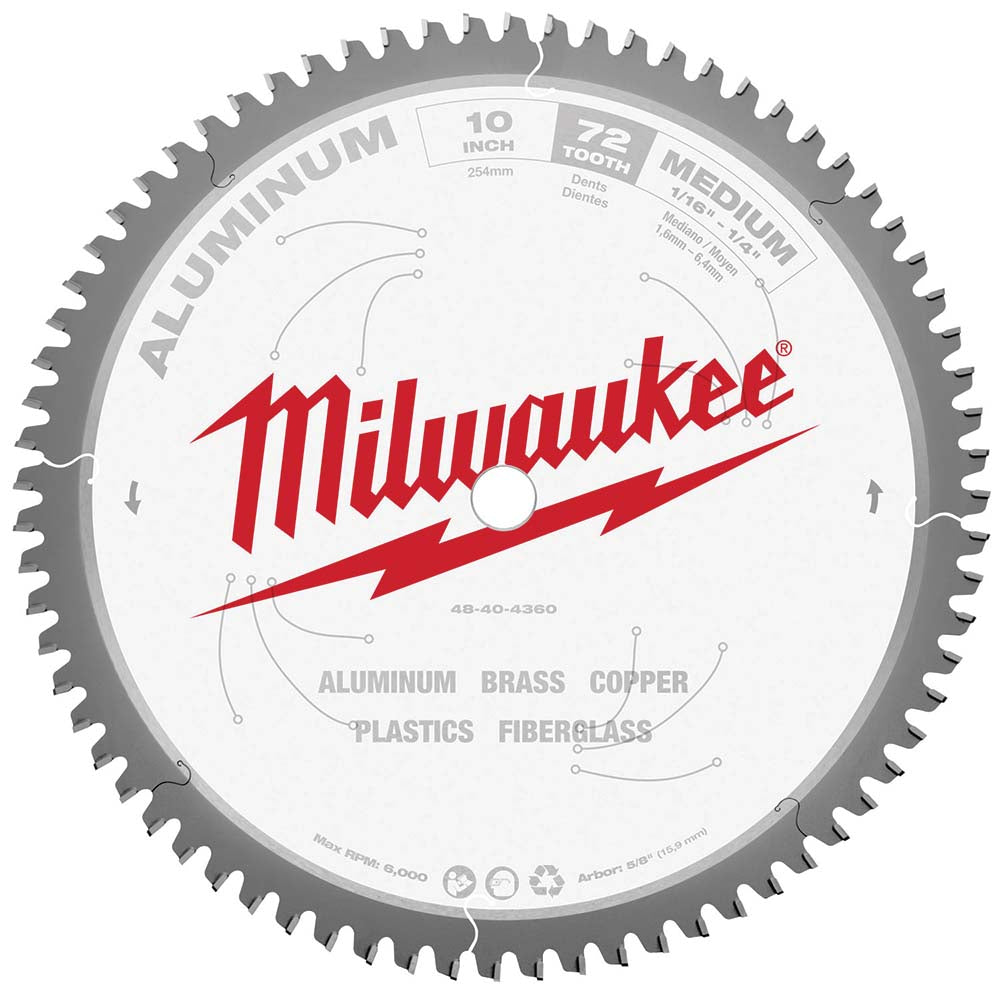 Milwaukee Tool 48-40-4360 Wet & Dry Cut Saw Blade: 10" Dia, 5/8" Arbor Hole, 0.11" Kerf Width, 72 Teeth