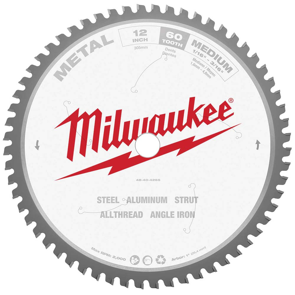 Milwaukee Tool 48-40-4265 Wet & Dry Cut Saw Blade: 12" Dia, 1" Arbor Hole, 0.087" Kerf Width, 60 Teeth