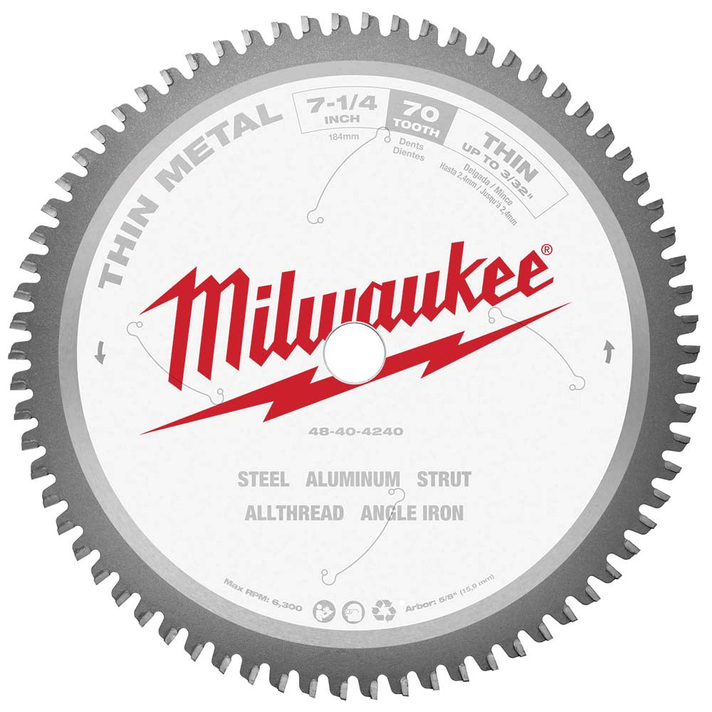 Milwaukee Tool 48-40-4240 Wet & Dry Cut Saw Blade: 7-1/4" Dia, 5/8" Arbor Hole, 0.071" Kerf Width, 70 Teeth