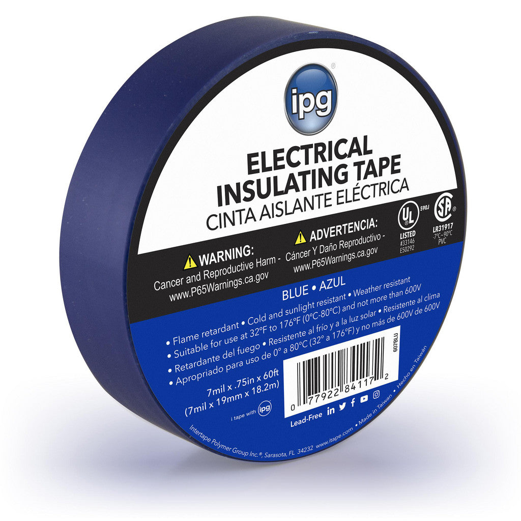 Intertape 85831 Electrical Tape; Tape Material: Vinyl Film; Width (mm - 2 Decimals): 19.05; Length Range: 20 in & Larger; Thickness (mil): 7; Color: Blue; Series: CONSMR ELEC (Pack of 24)