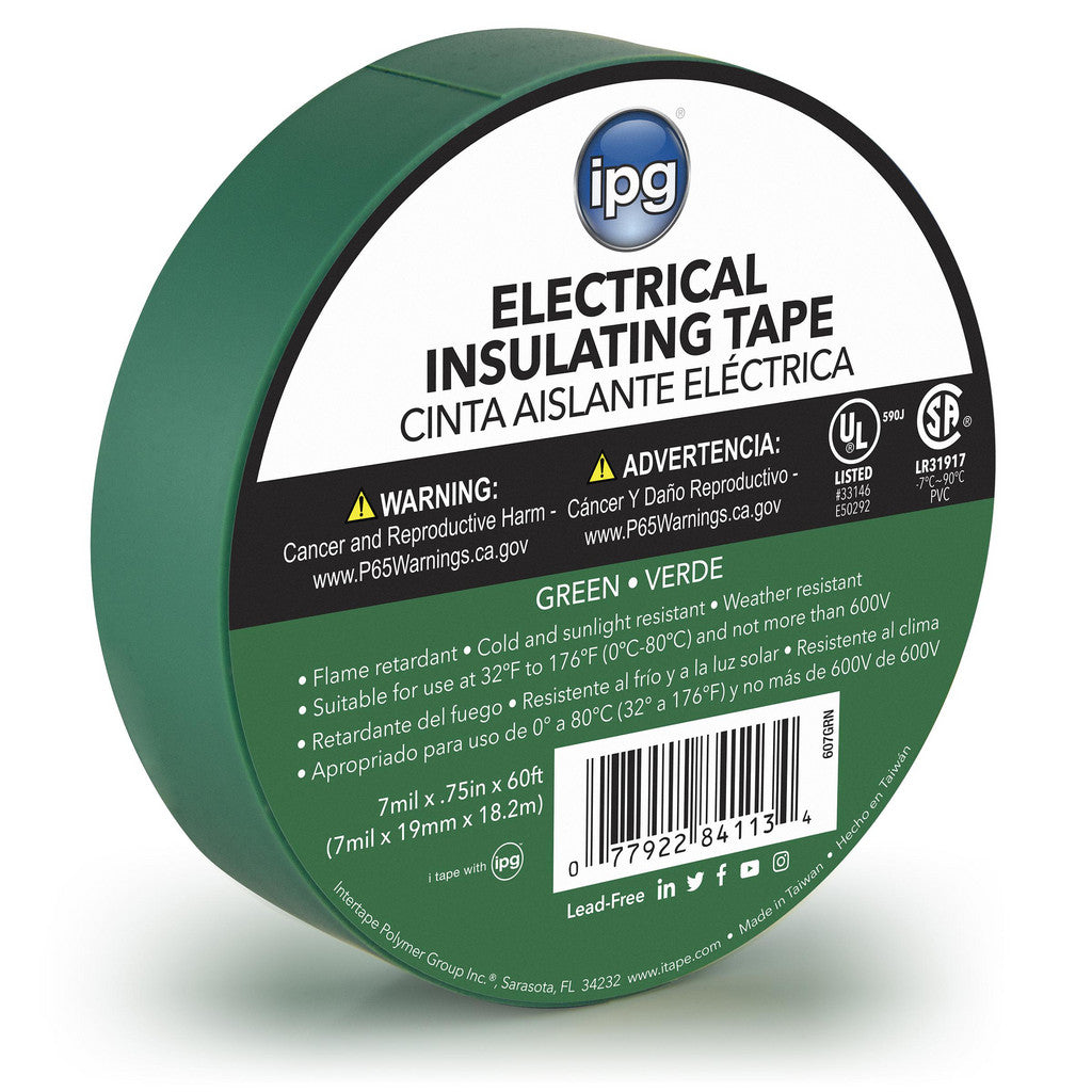 Intertape 85827 Electrical Tape; Tape Material: Vinyl Film; Width (mm - 2 Decimals): 19.05; Length Range: 20 in & Larger; Thickness (mil): 7; Color: Green; Series: CONSMR ELEC (Pack of 24)