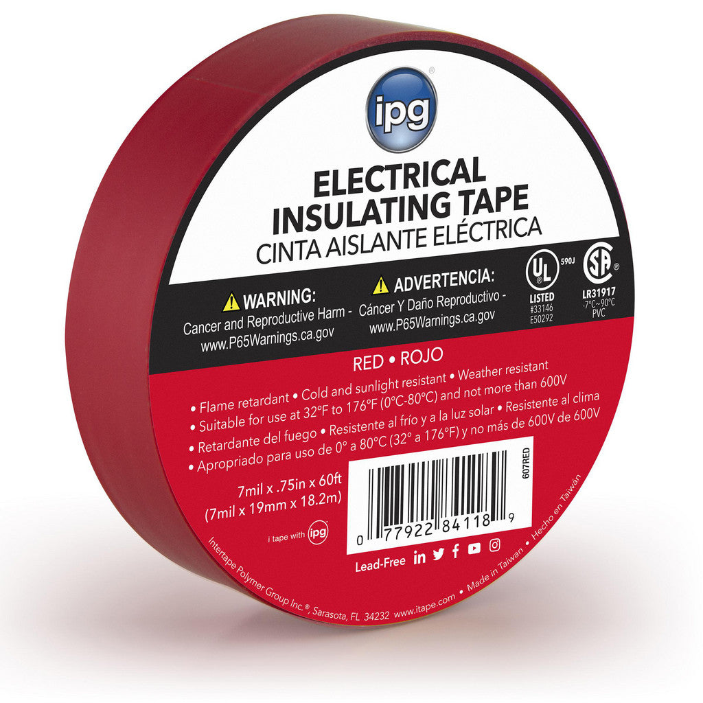 Intertape 85832 Electrical Tape; Tape Material: Vinyl Film; Width (mm - 2 Decimals): 19.05; Length Range: 20 in & Larger; Thickness (mil): 7; Color: Red; Series: CONSMR ELEC