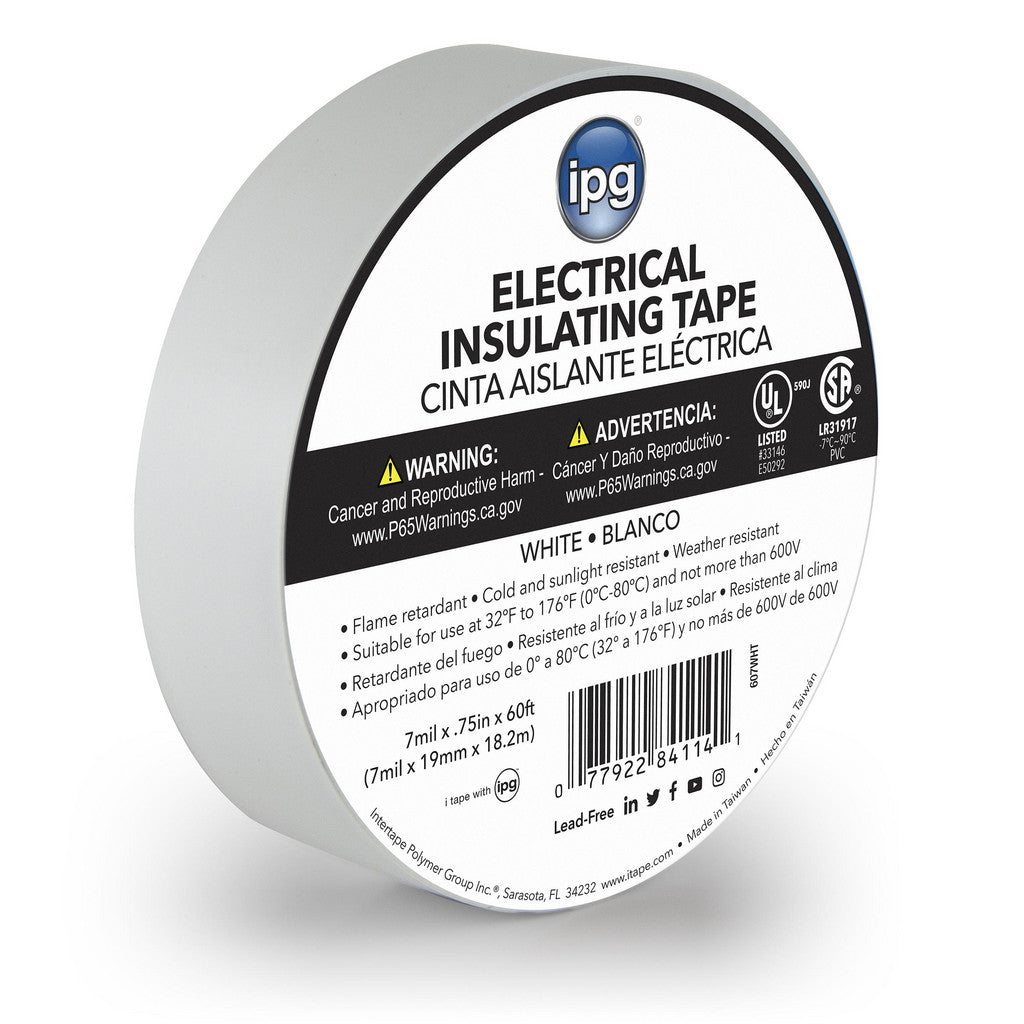 Intertape 85828 Electrical Tape; Tape Material: Vinyl Film; Width (mm - 2 Decimals): 19.05; Length Range: 20 in & Larger; Thickness (mil): 7; Color: White; Series: CONSMR ELEC
