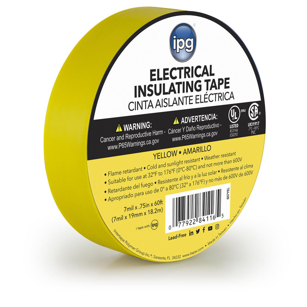 Intertape 85830 Electrical Tape; Tape Material: Vinyl Film; Width (mm - 2 Decimals): 19.05; Length Range: 20 in & Larger; Thickness (mil): 7; Color: Yellow; Series: CONSMR ELEC (Pack of 24)