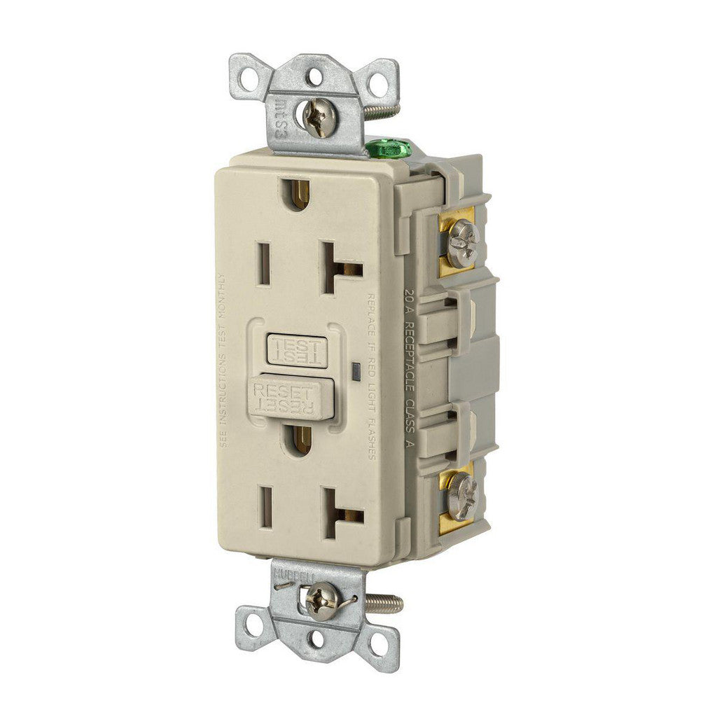 Hubbell Wiring Device-Kellems GFR20I GFCI Receptacles; Grade: Commercial; Receptacle Type: Duplex; NEMA Configuration: 5-20R; Wire Connection Type: Screw Terminals; End Type: Socket; Reset Type: Manual