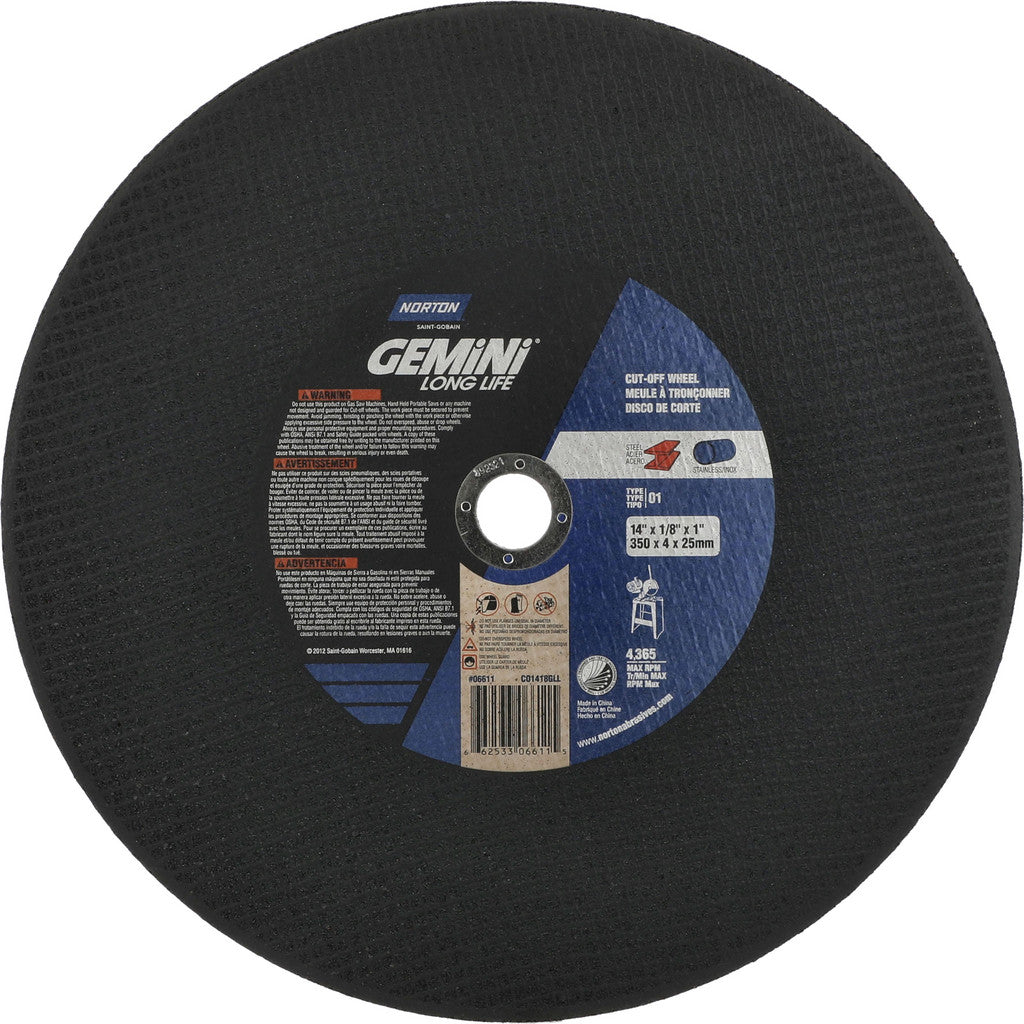 Norton 66253306611 Cut-Off Wheel: Type 1 (01/41), 14 Dia, 1/8" Thick, 1" Hole, Aluminum Oxide