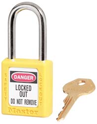 Master Lock 410KAS3YLW Lockout Padlock: Keyed Alike, Key Retaining, Thermoplastic, Plated Metal Shackle, Yellow