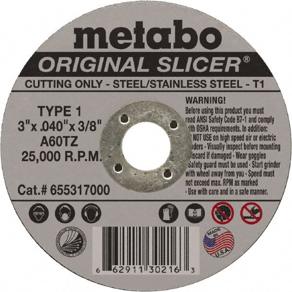 Metabo 655317000 Cut-Off Wheel: Type 1 (01/41), 3 Dia, 0.0400" Thick, 3/8" Hole, Aluminum Oxide