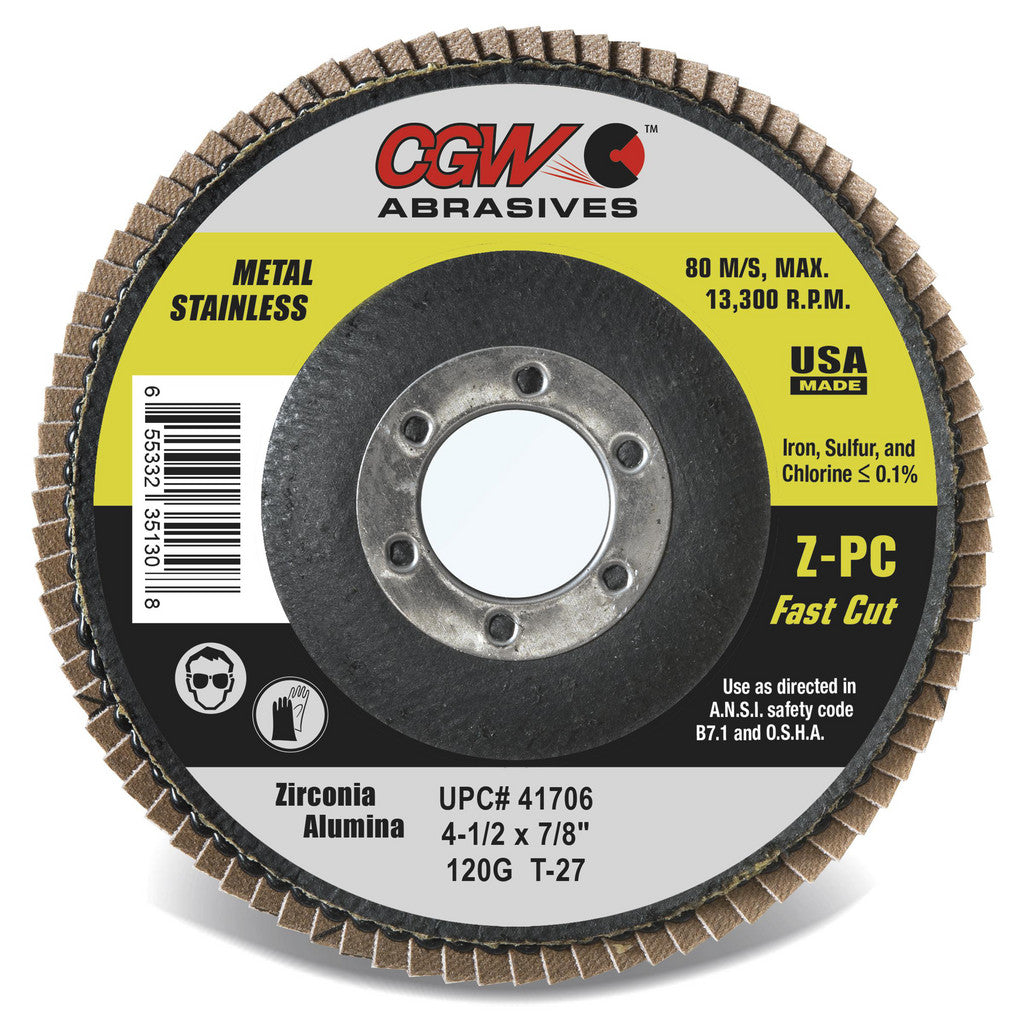 CGW Abrasives 41732 Flap Disc: 4-1/2" Dia, Zirconia Alumina, Type 29 (Pack of 10)