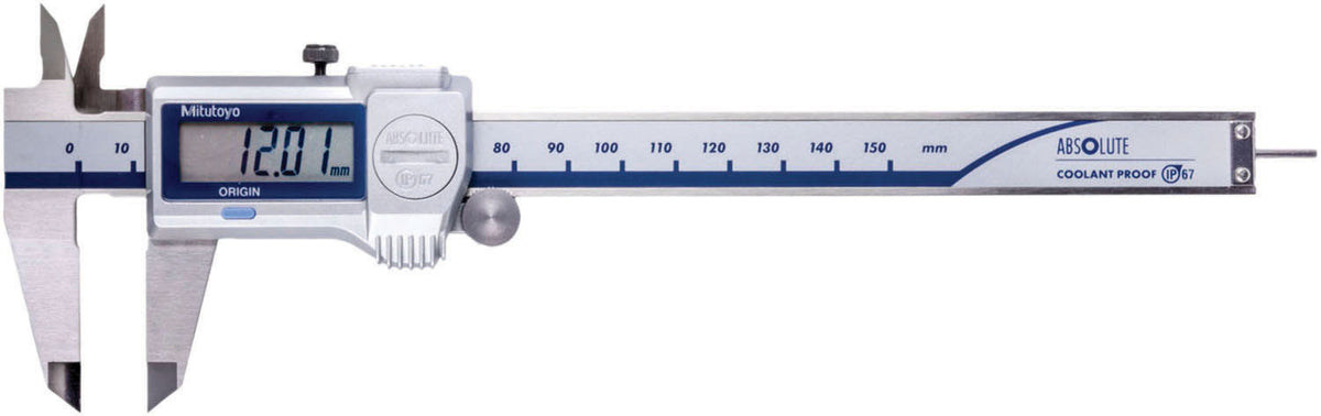 Mitutoyo 500-719-20 Electronic Caliper: 150.00 mm/6", ±0.0100 mm Resolution, ±0.02 mm Accuracy, Data Output, Stainless Steel Jaws