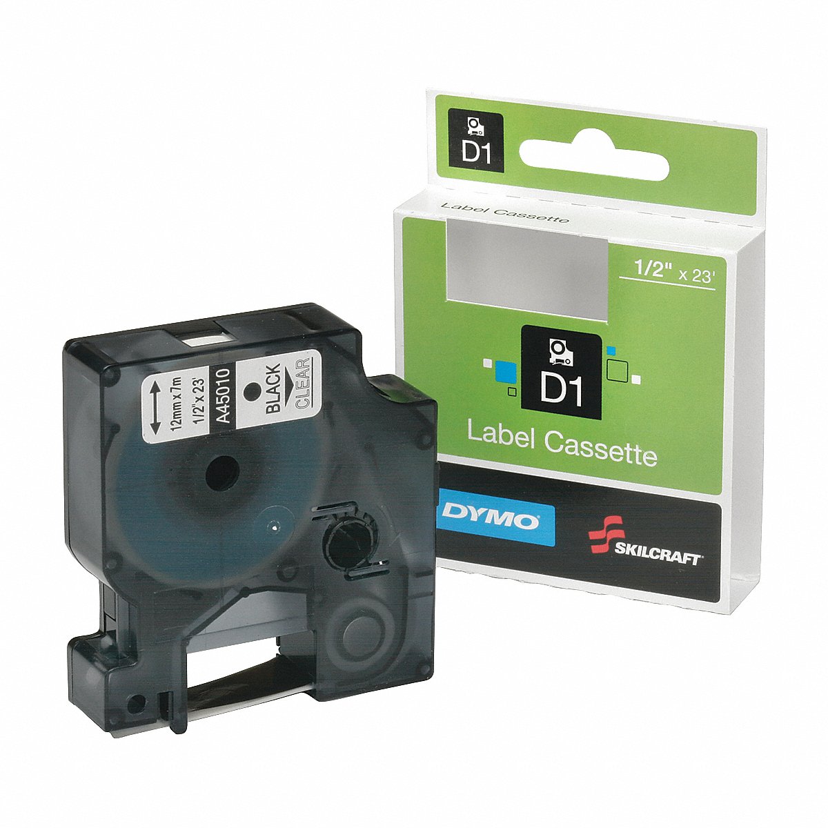7510016576747, Dymo/SKILCRAFT Label Cassette, 0.5" x 23 ft, Black/Clear
