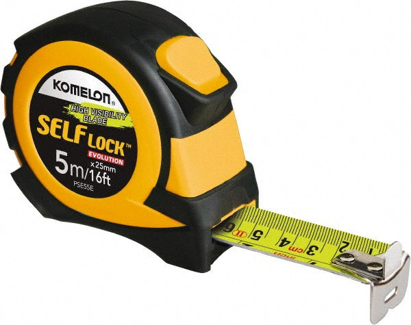 Komelon PSE55E Tape Measure: 16' Long, 25 mm Width, Yellow Blade