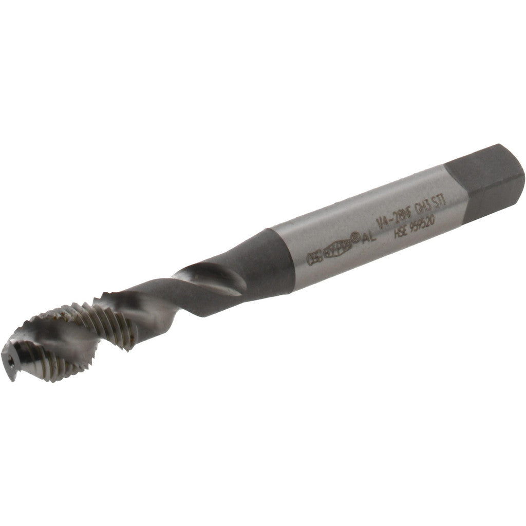 OSG 1303900700 1/4-28 UNF, 3 Flute, 50° Helix, Semi-Bottoming Chamfer, Bright Finish, High Speed Steel Spiral Flute STI Tap